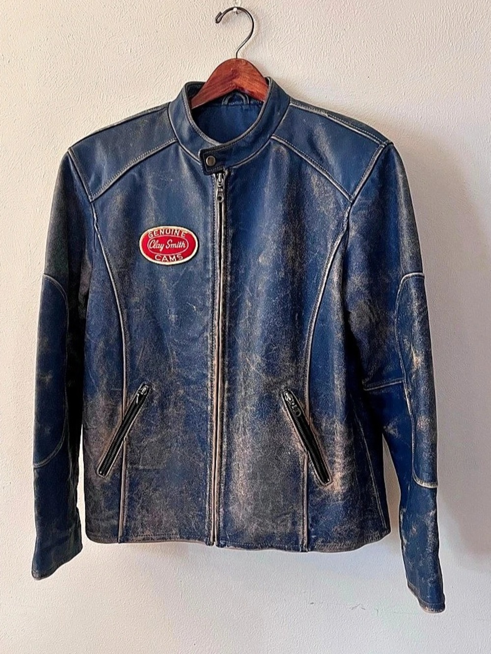 Vintage Blue Leather-Style Moto Jacket, Large